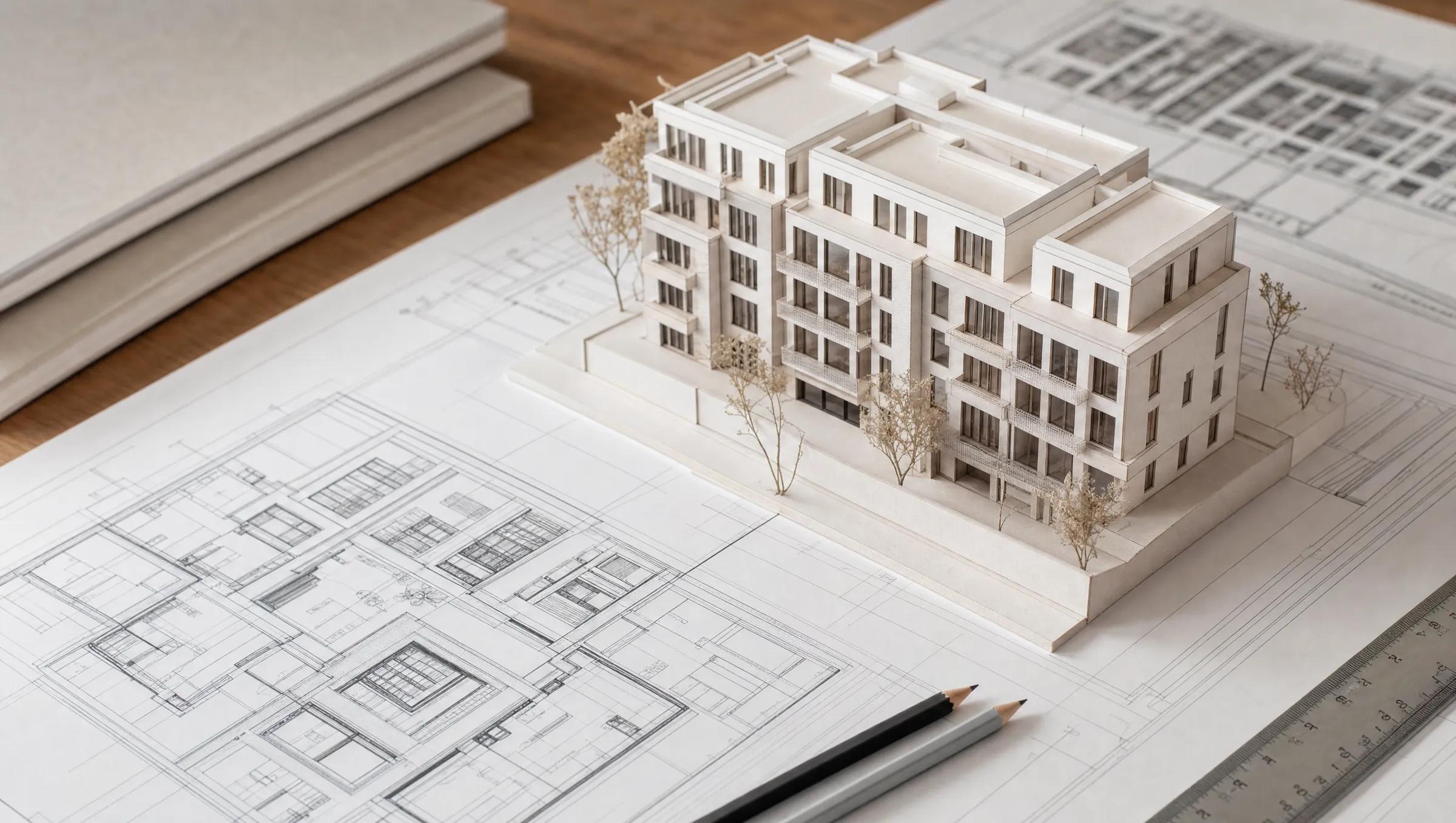 Baupläne und Architekturmodell eines Berliner Mehrfamilienhauses