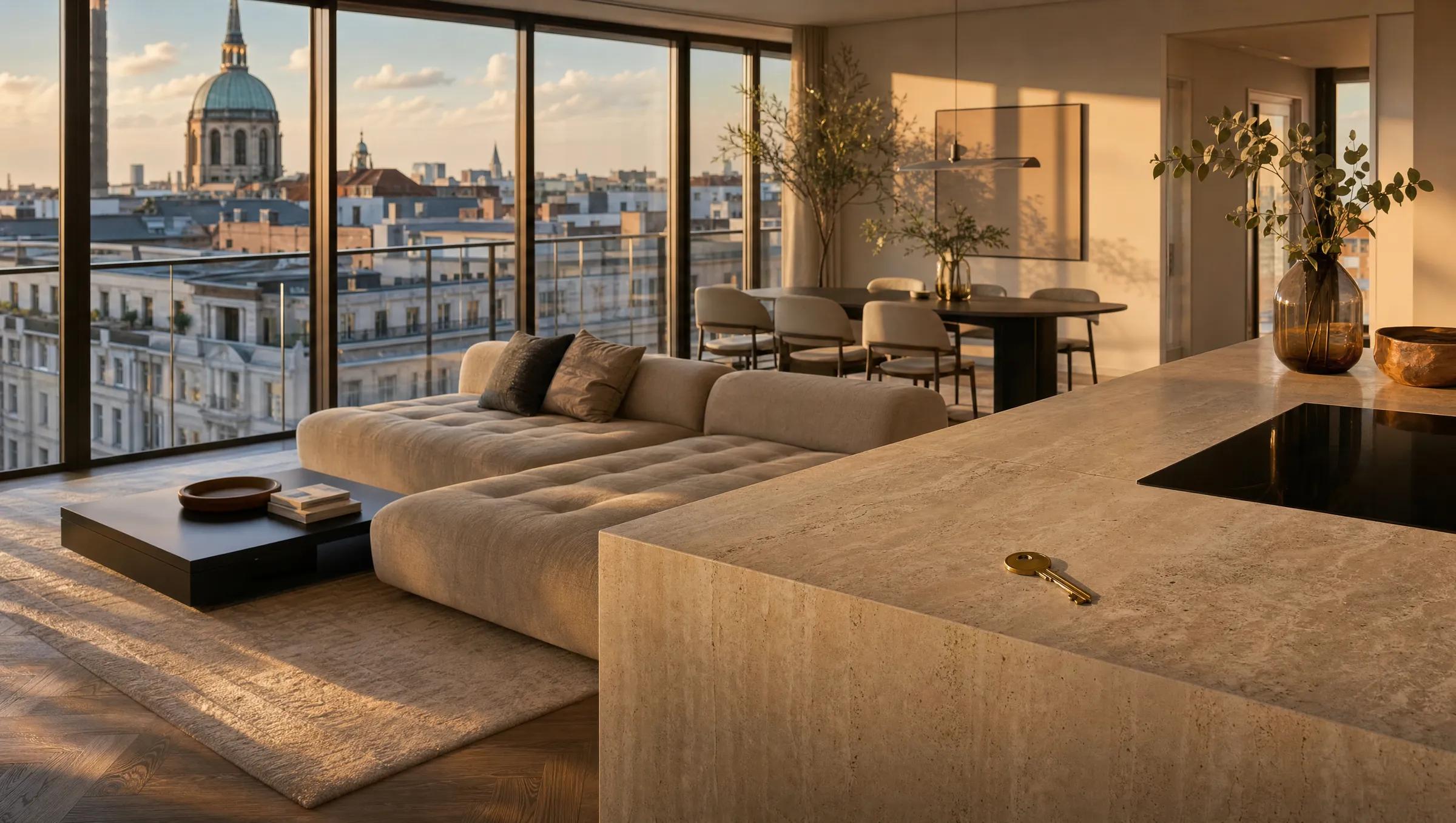 Fertiges Penthouse-Wohnzimmer mit Blick über Berliner Dächer
