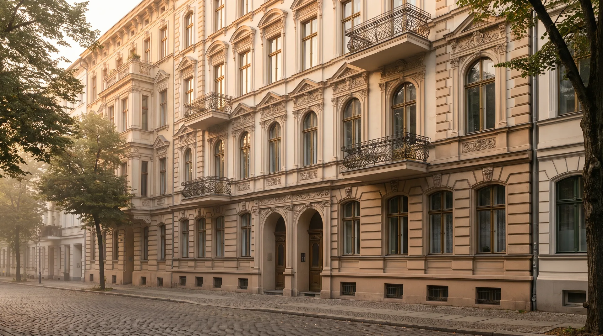 Grand Berliner Gründerzeit-Altbaufassade im Abendlicht